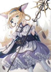 Rule 34 | 1girl, animal ear fluff, animal ears, apron, arknights, bare shoulders, black gloves, blonde hair, blue hairband, braid, braided hair rings, commentary request, fox ears, fox girl, fox tail, frilled skirt, frills, gloves, green eyes, hair rings, hairband, headset, highres, holding, holding staff, kitsune, kyuubi, material growth, multiple tails, oripathy lesion (arknights), pantyhose, parted lips, purple skirt, shirt, single glove, single wrist cuff, skirt, solo, staff, suzuran (arknights), synn032, tail, twin braids, waist apron, white apron, white pantyhose, white shirt, wrist cuffs
