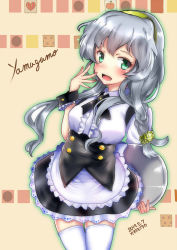 Rule 34 | 1girl, alternate breast size, alternate costume, apron, artist name, black dress, blush, braid, breasts, character name, cookie, corset, cowboy shot, dated, dress, enmaided, food, frilled apron, frills, green hairband, grey eyes, hair ornament, hairband, highres, himura moritaka, kantai collection, long hair, maid, maid apron, medium breasts, open mouth, ponytail, puffy short sleeves, puffy sleeves, shirt, short sleeves, silver hair, single braid, solo, thighhighs, tray, waist apron, wavy hair, white apron, white shirt, white thighhighs, wrist cuffs, yamagumo (kancolle), yellow background