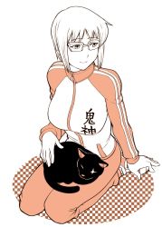 Rule 34 | 1girl, breasts, cat, checkered floor, closed mouth, glasses, highres, jacket, monochrome, original, scar, scar across eye, scar on face, short hair, simple background, smile, solo, track jacket, ueyama michirou, white background