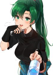 Rule 34 | 1girl, black shirt, blush, bottle, commentary, earrings, english commentary, fingerless gloves, fire emblem, gloves, green eyes, green hair, hair between eyes, highres, jewelry, long hair, lyn (fire emblem), nintendo, ormille, painterly, ponytail, shirt, sweat, water bottle, white background, wiping mouth