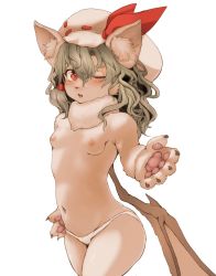 Rule 34 | 1girl, ahoge, animal ears, bat ears, bat wings, blue hair, blush, breasts, fang, furry, furry female, hat, hawthorn, highres, looking at viewer, navel, no bra, one eye closed, open mouth, panties, red eyes, remilia scarlet, short hair, simple background, small breasts, smile, solo, standing, touhou, underwear, white background, white panties, wings
