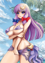 Rule 34 | 1girl, arched back, backlighting, bad id, bad pixiv id, bikini, blush, bow, breasts, covered erect nipples, cowboy shot, crescent, crescent hair ornament, crescent moon, crescent pin, day, eyebrows, female focus, hair bow, hair ornament, holding another&#039;s arm, holding own arm, horizon, large breasts, lens flare, long hair, looking at viewer, moon, nekuraneko, ocean, open mouth, palm tree, patchouli knowledge, pink lips, purple bikini, purple eyes, purple hair, sarong, see-through, solo, stomach, striped bikini, striped clothes, swimsuit, thick thighs, thighs, touhou, tree, very long hair