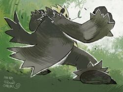Rule 34 | ariga hitoshi, commentary request, creatures (company), day, falling leaves, from side, full body, game freak, gen 6 pokemon, hands up, highres, leaf, legs apart, nintendo, outdoors, pangoro, pokemon, pokemon (creature), signature, solo, squatting, w arms