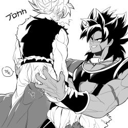 Rule 34 | 2boys, ass grab, bara, bare arms, black eyes, black hair, blush, broly (dragon ball super), dark skin, dark-skinned male, dragon ball, dragon ball super, dragon ball super broly, giant, giant male, greyscale, large pectorals, pectoral cleavage, male focus, medium hair, monochrome, multiple boys, muscular, muscular male, pectorals, saiyan armor, scar, scar on chest, sexually suggestive, size difference, smirk, son goku, spiked hair, super saiyan, super saiyan 1, tarutobi, yaoi