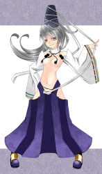 Rule 34 | 1girl, adapted costume, aoshima, blue skirt, breasts, censored, convenient censoring, convenient leg, detached sleeves, female focus, grey eyes, grey hair, hakama, hakama short skirt, hakama skirt, hat, highres, japanese clothes, long hair, medium breasts, mononobe no futo, navel, no bra, no panties, revealing clothes, skirt, solo, tassel, tate eboshi, topless, touhou
