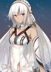 10s 1girl altera_(fate) bare_shoulders breasts collarbone covered_navel dark_skin dark-skinned_female detached_sleeves diagonal_stripes dress fate/extella fate/extra fate_(series) highres long_sleeves nikame short_hair small_breasts solo striped striped_background veil white_dress white_hair