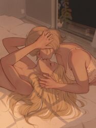 Rule 34 | 2girls, blonde hair, bra, braid, breasts, closed eyes, closed mouth, commentary, dungeon meshi, falin touden, falin touden (tallman), hands on another&#039;s head, highres, indoors, katenearts, kiss, long hair, lying, marcille donato, medium breasts, multiple girls, nude, on back, on bed, plant, potted plant, underwear, white bra, window shadow, yuri