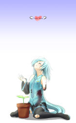 Rule 34 | 1girl, amputee, blood, blue hair, closed eyes, female focus, full body, gradient background, hatsune miku, hello planet (vocaloid), highres, long hair, mtu (orewamuzituda), necktie, plant, simple background, sitting, skirt, solo, tears, thighhighs, torn clothes, torn thighhighs, very long hair, vocaloid, wariza, white background