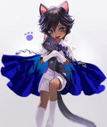 Rule 34 | 1boy, aged down, animal, animal ears, arjuna (fate), black cat, black eyes, blue cape, blue eyes, blush, cape, cat, cat boy, cat ears, cat tail, child, daeraeband, dark-skinned male, dark skin, fate/extella, fate/extella link, fate/extra, fate/grand order, fate (series), feet out of frame, gloves, hair between eyes, highres, holding, looking at viewer, male focus, pants, short hair, short sleeves, shorts, simple background, smile, solo, tail, transparent background, white footwear, white gloves, white pants