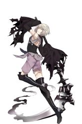 Rule 34 | androgynous, black legwear, boots, detached sleeves, closed eyes, full body, gender request, highres, hnaya, holding, holding scythe, knee boots, nell (renkai frontier), official art, renkai frontier, scar, scythe, shorts, solo, stitches, transparent background, white hair