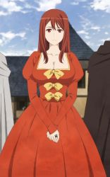 Rule 34 | 1girl, absurdres, breasts, cleavage, collarbone, dress, highres, large breasts, long hair, looking at viewer, maou (maoyuu), maoyuu maou yuusha, outdoors, own hands clasped, red eyes, red hair, screencap, stitched, third-party edit
