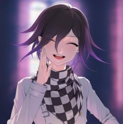 Rule 34 | 1boy, blurry, blurry background, buttons, checkered clothes, checkered scarf, closed eyes, danganronpa (series), danganronpa v3: killing harmony, evil grin, evil smile, grin, hand up, jacket, long hair, looking at viewer, ohisashiburi, oma kokichi, pale skin, purple hair, scarf, sleeve cuffs, smile, solo, straitjacket, white jacket