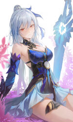 Rule 34 | 1girl, absurdres, bare shoulders, blue dress, blue hair, blue sleeves, breasts, cleavage, closed mouth, commentary, detached sleeves, dress, english commentary, expressionless, feet out of frame, highres, honkai: star rail, honkai (series), jingliu (honkai: star rail), large breasts, light blue hair, long hair, looking at viewer, on ground, ponytail, red eyes, sitting, sleeveless, sleeveless dress, solo, sword, water, weapon, yonesdraws