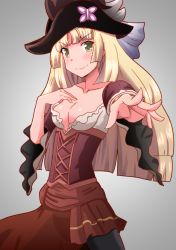 Rule 34 | 10s, 1girl, blonde hair, breasts, bug, butterfly, cleavage, collarbone, corset, cowboy shot, denim, dress, elbow sleeve, fine (symphogear), gradient background, grey background, half-skirt, hand on own chest, hat, hime cut, insect, jeans, koharu sasara, long hair, looking at viewer, outstretched hand, pants, parted bangs, pirate costume, pirate hat, red dress, sash, senki zesshou symphogear, solo, yellow eyes