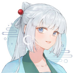 Rule 34 | 1girl, artist name, bad id, bai yuxiu, blue eyes, chinese text, collarbone, fengling yuxiu, grey hair, hair ornament, highres, long hair, looking at viewer, parted lips, ponytail, portrait, qingai88, smile, solo, white background, white hair