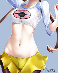 Rule 34 | 1girl, black pantyhose, blue background, brown hair, creatures (company), crop top, crotch seam, game freak, head out of frame, highres, knsei, long hair, long sleeves, midriff, navel, nintendo, pantyhose, pantyhose under shorts, pokemon, pokemon bw2, print shirt, raglan sleeves, rosa (pokemon), shirt, short shorts, shorts, solo, stomach, twintails, very long hair, yellow shorts