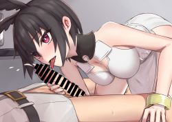 Rule 34 | 1boy, 1girl, armor, armored dress, bar censor, bare shoulders, black hair, blush, bracelet, breasts, censored, cleavage, cleavage cutout, clothing cutout, dress, elfenlied22, erection, fate/grand order, fate (series), fellatio, handjob, head wings, hetero, jewelry, large breasts, leaning forward, licking, licking penis, open mouth, oral, ortlinde (fate), penis, red eyes, short hair, tongue, tongue out, valkyrie (fate), white dress, wings