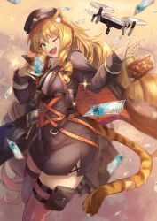 Rule 34 | 1girl, ;d, animal ear fluff, animal ears, arknights, black dress, black headwear, blonde hair, commentary, cowboy shot, dress, drone, fang, green eyes, hair between eyes, highres, long hair, long sleeves, looking at viewer, lungmen dollar, money, ohako (ohako1818), one eye closed, open mouth, pencil dress, pouch, revision, smile, solo, sparkle, swire (arknights), tail, tail ornament, tail ring, thigh strap, thighhighs, tiger ears, tiger tail, very long hair, zettai ryouiki