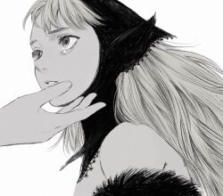 Rule 34 | 1girl, bare shoulders, detached hood, dungeon meshi, ear covers, elf, from side, frs2, fur trim, greyscale, hood, lace trim, long hair, looking at another, looking away, marcille donato, marcille donato (lord), monochrome, out of frame, parted lips, pointy ears, portrait, reaching, simple background, solo focus, spoilers, tears