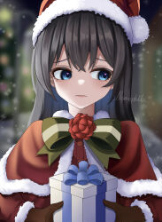 Rule 34 | 1girl, ado (utaite), alternate costume, averting eyes, black hair, blue eyes, blue hair, blurry, blurry background, blush, bow, bowtie, brown gloves, capelet, chando (ado), closed mouth, cloud nine inc, colored inner hair, commentary, english commentary, flower brooch, fur-trimmed capelet, fur-trimmed headwear, fur trim, gift, gloves, green bow, green bowtie, hat, heart, heart in eye, highres, long hair, long sleeves, mole, mole under eye, multicolored hair, nemophila2929, red capelet, red hat, santa costume, santa hat, signature, snowflakes, solo, symbol in eye, two-tone hair, utaite