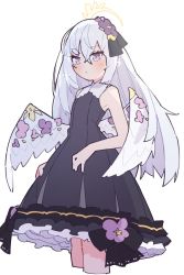 Rule 34 | 1girl, azusa (blue archive), bare arms, bare shoulders, black dress, blue archive, blush, closed mouth, cropped legs, dress, flat chest, flower, hair flower, hair ornament, halo, highres, kamo (kamonabe 44), long hair, purple eyes, simple background, sleeveless, sleeveless dress, solo, sparkle, white background, wings
