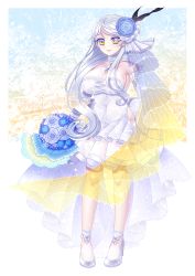 Rule 34 | 1girl, bare shoulders, bouquet, breasts, cleavage, copyright name, dress, elbow gloves, flower, full body, gloves, hair flower, hair ornament, hair over one eye, highres, large breasts, long hair, pixiv fantasia, pixiv fantasia age of starlight, ribbon, silver hair, simple background, solo, standing, vivid bbdan, wedding dress, white dress, white footwear, yellow eyes, yurate (pixiv fantasia age of starlight)