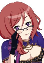 Rule 34 | 1girl, absurdres, adjusting eyewear, artist name, black gloves, blush, breasts, cleavage, glasses, gloves, hair between eyes, highres, kumazenge, looking at viewer, love live!, love live! school idol project, medium breasts, nishikino maki, official alternate costume, open mouth, purple eyes, purple ribbon, red hair, ribbon, short hair, smile, solo, twitter username, undefined, white background