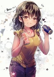 Rule 34 | 1girl, :d, beer can, black hair, blouse, breasts, brown eyes, can, cowboy shot, denim, drink can, hair ornament, heart, highres, holding, holding can, jeans, jewelry, looking at viewer, medium breasts, nanahamu, necklace, open mouth, original, pants, shirt, short hair, sleeveless, sleeveless shirt, smile, solo, yellow shirt