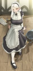 Rule 34 | 1girl, :d, apron, blush, breasts, bucket, center frills, elena (jagaimo (kkamja)), elf, frilled apron, frills, full body, green eyes, indoors, jagaimo (kkamja), juliet sleeves, large breasts, long hair, long sleeves, looking at viewer, maid, maid headdress, mary janes, mop, open mouth, original, pointy ears, puffy sleeves, shoes, sitting, smile, solo, spill, waist apron, water, white footwear, white hair, white legwear, wooden floor