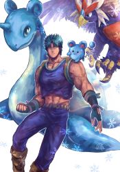 Rule 34 | 1boy, abs, absurdres, backpack, bad id, bad pixiv id, bag, blue hair, boots, braviary, brown footwear, clenched hand, creatures (company), crossover, fingerless gloves, game freak, gen 1 pokemon, gen 2 pokemon, gen 5 pokemon, gloves, green eyes, highres, jojo no kimyou na bouken, jonathan joestar, lapras, male focus, marill, midriff, midriff peek, muscular, navel, nintendo, oikabe (saaaaaaaato), pokemon, pokemon (creature), snowflakes, tank top