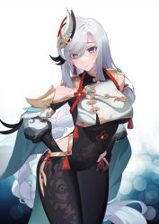 Rule 34 | 1girl, absurdres, black legwear, blue eyes, bodysuit, braid, breasts, bridal gauntlets, capelet, chinese clothes, chinese commentary, closed mouth, covered navel, eyes visible through hair, genshin impact, gold trim, hair ornament, hair over one eye, hand in pants, heiyizhushenxia, highres, hip vent, large breasts, long hair, low-braided long hair, low-tied long hair, pout, raised eyebrows, shenhe (genshin impact), silver hair, solo, tassel, very long hair
