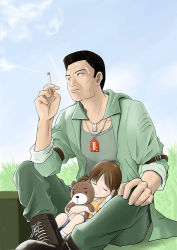 Rule 34 | 1boy, 1girl, arm strap, arm up, bandaid, black hair, boots, brown hair, child, cigarette, closed eyes, combat boots, day, dog tags, facial hair, father and daughter, grass, hachinosuke, hand on own knee, hugging object, looking away, omamori, open clothes, open shirt, original, outdoors, shirt, short hair, short twintails, sitting, size difference, sky, sleeping, sleeves rolled up, smoke, smoking, stubble, stuffed animal, stuffed toy, teddy bear, twintails