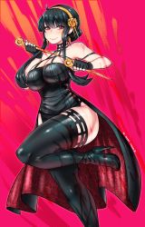 Rule 34 | 1girl, black dress, blood, blood on arm, blood on breasts, bloody weapon, breasts, dress, dual wielding, earrings, flower, gold earrings, gold hairband, hair flower, hair ornament, hairband, highres, holding, jewelry, kenron toqueen, large breasts, rose, short hair with long locks, solo, spy x family, thighhighs, thighs, two-sided dress, two-sided fabric, weapon, yor briar