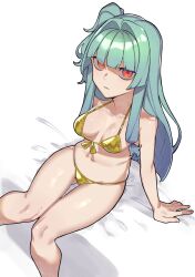Rule 34 | 1girl, absurdres, aqua hair, arm support, bed sheet, bikini, blunt bangs, blunt ends, breasts, closed mouth, commentary request, expressionless, feet out of frame, from above, front-tie bikini top, front-tie top, gold bikini, hair intakes, highres, knees together feet apart, kotonoha aoi, long hair, looking at viewer, looking up, medium breasts, multicolored eyes, on bed, one side up, orange eyes, purple eyes, red eyes, sanpaku, shaded face, sidelocks, simple background, sitting, solo, swimsuit, thigh gap, toriniku29, voiceroid, white background