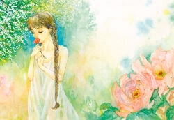 Rule 34 | 1girl, athtelium, bare arms, bare shoulders, braid, brown hair, day, dress, flower, flower to mouth, foliage, holding, holding flower, leaf, long eyelashes, long hair, nature, pink flower, plant, rdg red data girl, red flower, sleeveless, sleeveless dress, solo, spaghetti strap, sundress, suzuhara izumiko, traditional media, twin braids, white dress