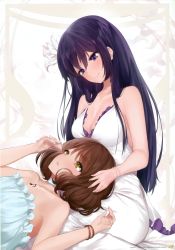 Rule 34 | 2girls, absurdres, bare shoulders, blush, bracelet, breasts, brown eyes, brown hair, cleavage, closed mouth, collarbone, dress, flower, frilled shirt, frills, hands up, hibike! euphonium, highres, jewelry, kousaka reina, lap pillow, lily (flower), long hair, looking at another, looking down, looking up, lying, medium breasts, multiple girls, on back, oumae kumiko, parted lips, purple eyes, purple hair, scan, shirt, short hair, sleeveless, sleeveless dress, sleeveless shirt, smile, white dress, white flower, white shirt, yaman, yuri