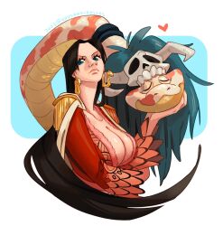 Rule 34 | 1girl, animal, black hair, blue eyes, boa hancock, breasts, cape, cleavage, closed mouth, commentary, crop top, cropped torso, earrings, english commentary, epaulettes, highres, jewelry, keysandcrosses, large breasts, long hair, one piece, red shirt, salome (one piece), shirt, skull, snake, snake earrings, white cape