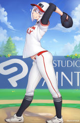 Rule 34 | 1girl, arms up, baseball, baseball cap, baseball glove, baseball uniform, black legwear, blue eyes, blue sky, blush, breasts, commentary, day, english commentary, fangs, female focus, full body, grin, hair between eyes, hat, lips, looking at viewer, luna (unsomnus), original, outdoors, pants, pitching, pitching mound, pointy ears, shirt, short hair, sky, small breasts, smile, solo, sportswear, standing, tree, unsomnus, vampire, white hair, white pants, white shirt