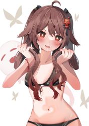 Rule 34 | 1girl, ahoge, alternate costume, bare arms, bead bracelet, beads, bikini, black bikini, blush, boo tao (genshin impact), bracelet, breasts, brown hair, butterfly background, flower, flower-shaped pupils, genshin impact, hair flaps, hair flower, hair ornament, hands up, highres, holding, holding hair, hu tao (genshin impact), jewelry, long hair, looking at viewer, mizuki ryuu, navel, open mouth, red eyes, red flower, simple background, skindentation, small breasts, smile, solo, stomach, string bikini, swimsuit, symbol-shaped pupils, tassel, twintails, white background