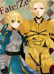Rule 34 | ahoge, armor, armored dress, artoria pendragon (all), artoria pendragon (fate), bad id, bad pixiv id, blonde hair, checkered background, crossed arms, dress, earrings, fate/stay night, fate/zero, fate (series), gauntlets, gilgamesh (fate), green eyes, hair ribbon, jewelry, red eyes, ribbon, rinko (41r), saber (fate)