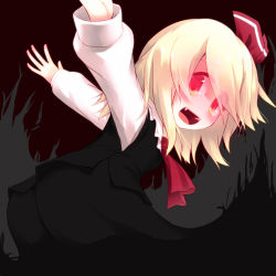 Rule 34 | 1girl, darkness, fang, glowing, glowing eyes, open mouth, outstretched arms, razy (skuroko), rumia, smile, solo, touhou