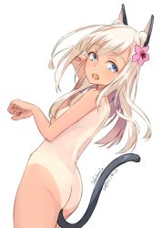 Rule 34 | 1girl, alakoala, animal ears, artist name, ass, blonde hair, blue eyes, blush, breasts, cat ears, cat tail, commentary request, dated, fake animal ears, fake tail, flower, hair flower, hair ornament, highres, kantai collection, long hair, nipples, open mouth, paw pose, ro-500 (kancolle), signature, simple background, small breasts, solo, tail, tan, tanline, white background