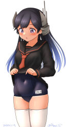 Rule 34 | 1girl, black hair, black one-piece swimsuit, black sailor collar, black serafuku, black shirt, clothes lift, covered navel, cowboy shot, dated, headgear, i-400 (kancolle), kantai collection, lifting own clothes, long hair, looking down, one-hour drawing challenge, one-piece swimsuit, purple eyes, ray.s, sailor collar, sailor shirt, school swimsuit, school uniform, serafuku, shirt, shirt lift, simple background, solo, swimsuit, swimsuit under clothes, thighhighs, twitter username, white background, white thighhighs