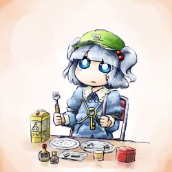 Rule 34 | 1girl, armband, battery, black eyes, blue hair, box, chair, dress, fork, gears, glass, hands up, hat, holding, japanese text, kawashiro nitori, key, knife, long sleeves, open mouth, plate, pocket, sauce, screw, shirt, short hair, sitting, solo, touhou, twintails, two side up, usb, yaise
