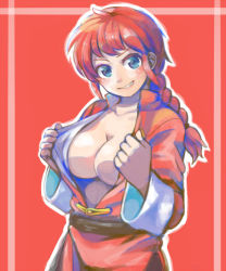 Rule 34 | 1girl, blue eyes, braid, braided ponytail, breasts, chinese clothes, cleavage, collarbone, cowboy shot, genderswap, genderswap (mtf), grimay, grin, high collar, large breasts, long hair, long sleeves, looking at viewer, no bra, open clothes, pants, ranma-chan, ranma 1/2, red hair, saotome ranma, single braid, smile, smirk, solo, tangzhuang, undressing, wide sleeves