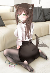 Rule 34 | 1girl, @ @, afterimage, animal ears, ass, commentary request, couch, dog ears, dog girl, dog tail, feet, green eyes, highres, id card, indoors, lanyard, long hair, no shoes, office lady, ol-chan (oouso), oouso, original, pantyhose, pencil skirt, sitting, skirt, solo, tail, tail wagging, wariza