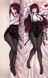 Rule 34 | 1girl, arms up, black pantyhose, black skirt, blunt bangs, blush, breasts, collared shirt, dakimakura (medium), feet, girls&#039; frontline, hair ribbon, half updo, high-waist skirt, jewelry, large breasts, long hair, looking at viewer, lying, multiple views, necktie, no shoes, on back, on side, one side up, pantyhose, purple hair, red eyes, red neckwear, ribbon, ring, shirt, skirt, suspenders, thighband pantyhose, very long hair, wa2000 (girls&#039; frontline), wedding band, zhishi ge fangzhang