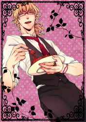 Rule 34 | 10s, 1boy, alternate hairstyle, barnaby brooks jr., blonde hair, curly hair, food, fork, glasses, jewelry, k-996, male focus, necktie, pasta, ponytail, ring, solo, spaghetti, tiger &amp; bunny, vest, waistcoat, waiter, yellow eyes