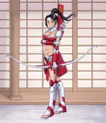 Rule 34 | 1girl, absurdres, arm under breasts, armor, armored legwear, arrow (projectile), bad id, bad pixiv id, banner, bikini armor, black eyes, black hair, bow (weapon), breasts, character request, chinese commentary, cleavage, closed mouth, collarbone, command &amp; conquer, commentary request, full body, gauntlets, green-tinted eyewear, groin, headband, highres, holding, holding bow (weapon), holding weapon, japanese armor, kusazuri, long hair, looking at viewer, medium breasts, midriff, navel, outdoors, parted bangs, pelvic curtain, pillar, ponytail, quiver, red alert 3, red armor, sandals, sashimono, scouter, shadow, shoulder armor, solo, standing, tinted eyewear, visor (armor), weapon, white headband, white legwear, yeklsa