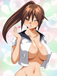 Rule 34 | 00s, 1girl, blowing kiss, blush, breasts, brown eyes, brown hair, cleavage, covered erect nipples, eyes visible through hair, heart, highres, ichigo 100 percent, inabakun00, kitaooji satsuki, large breasts, long hair, looking at viewer, matching hair/eyes, navel, no bra, one eye closed, open clothes, open shirt, parted lips, ponytail, shirt, solo, upper body, wink